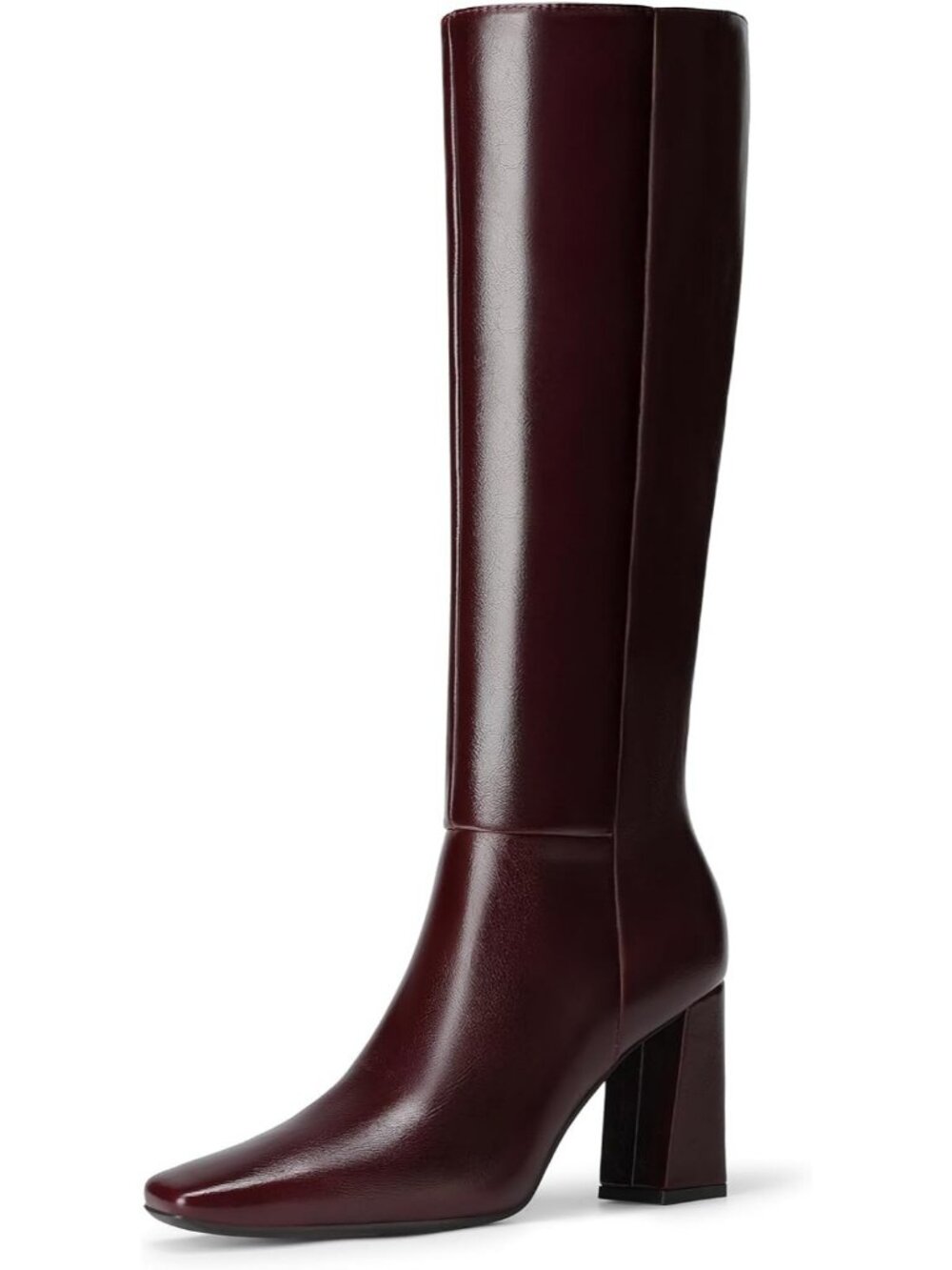 Women's Burgundy Faux Leather Square Toe Block Heel Side Zipper Knee High Boots